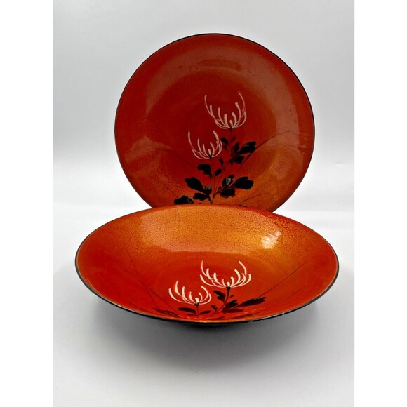 2 Vintage Japanese Orange Lacquer Ware Bowls 9" Shikki Sweets Bowl Hand Painted - Picture 3 of 7
